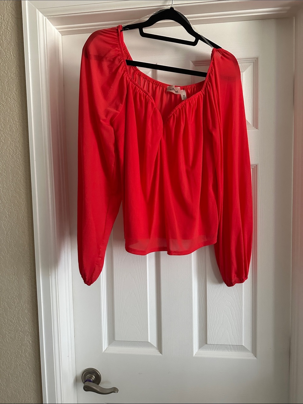 Red Long-Sleeve Gathered Neck Blouse